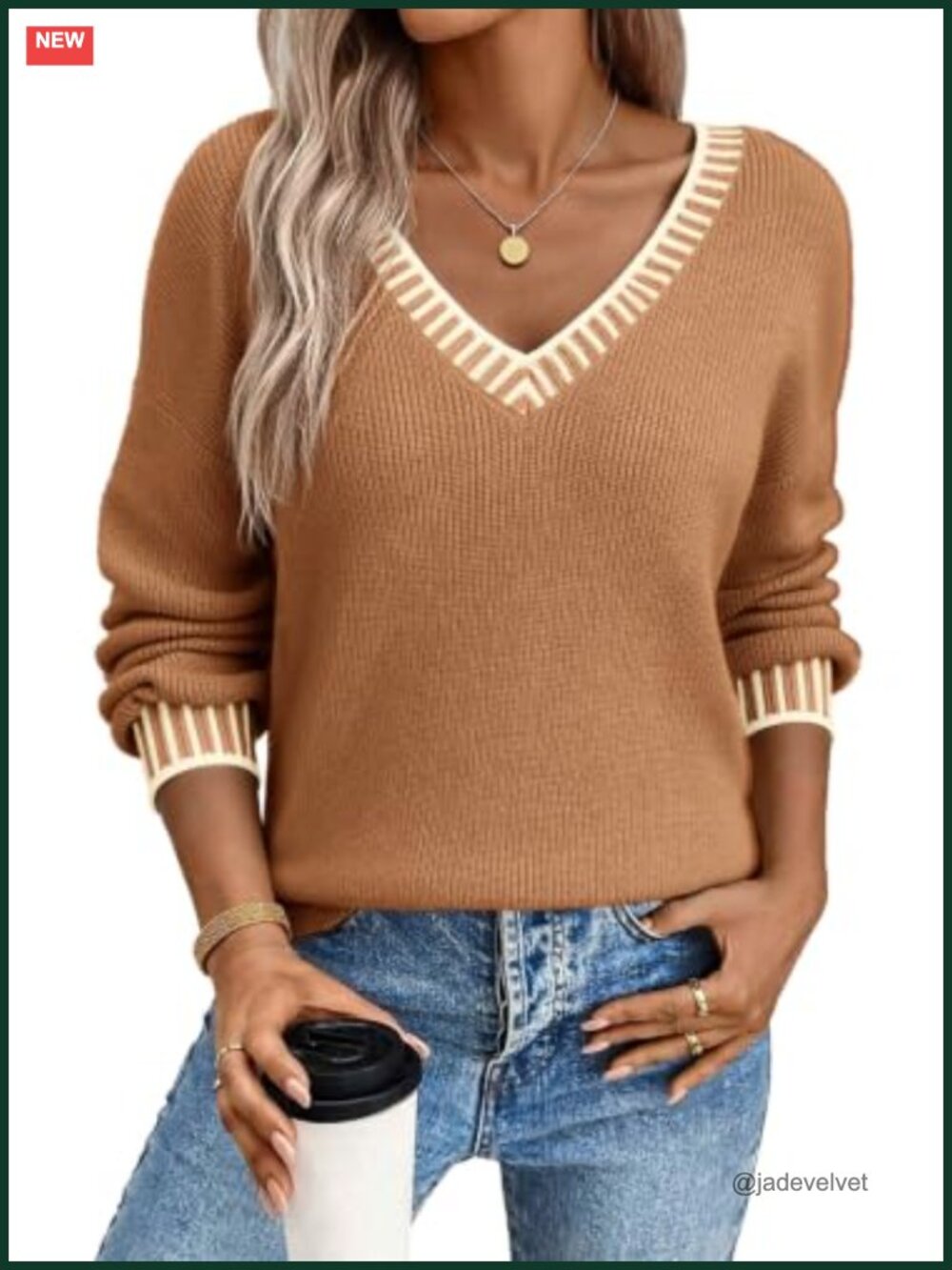 Women's V Neck Cable Knit Pullover Sweater Loose Fit Long Sleeve Chunky Top